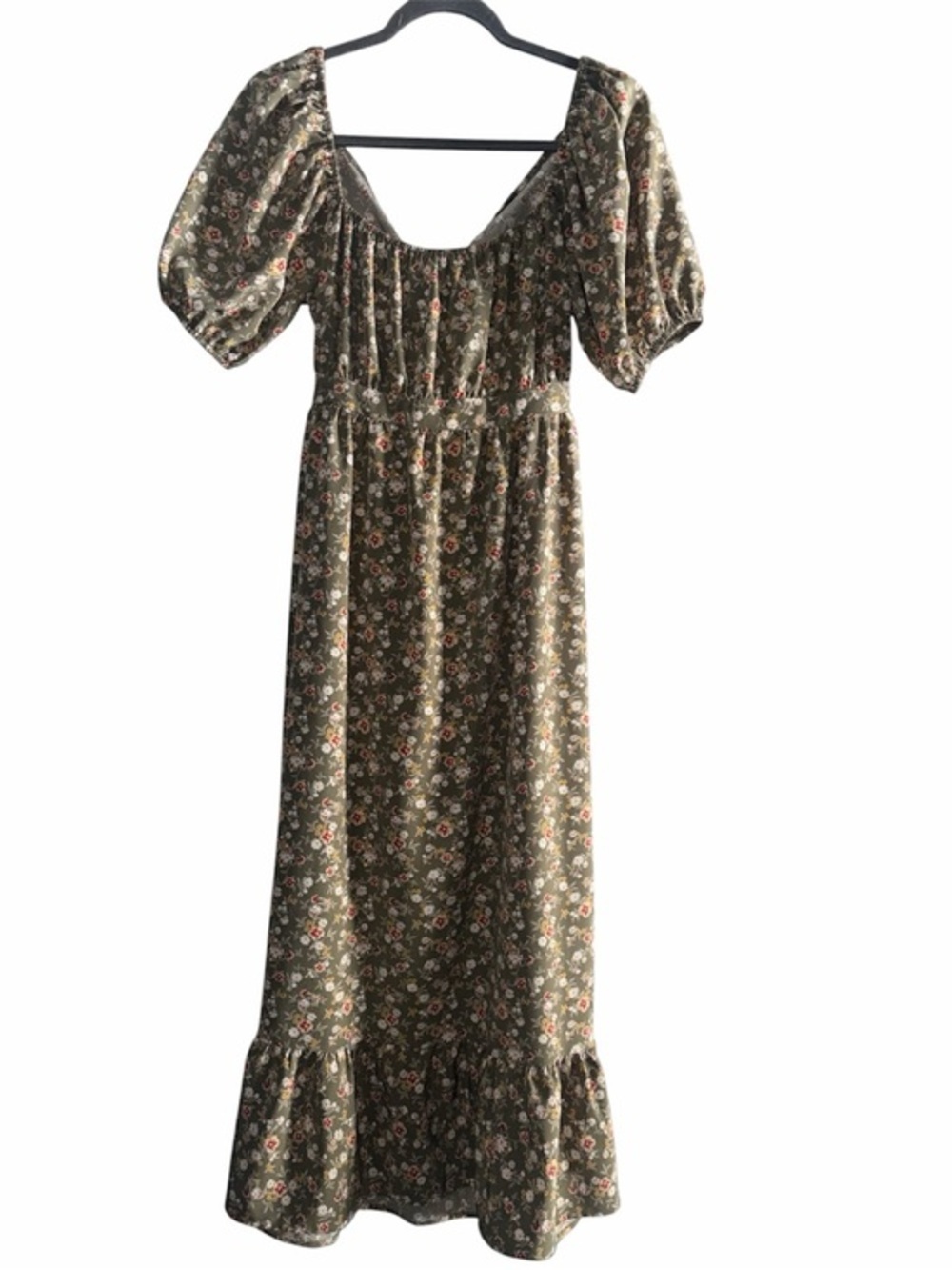 Hesperus Olive Floral Maxi Dress with Puff Sleeve Detail Size M